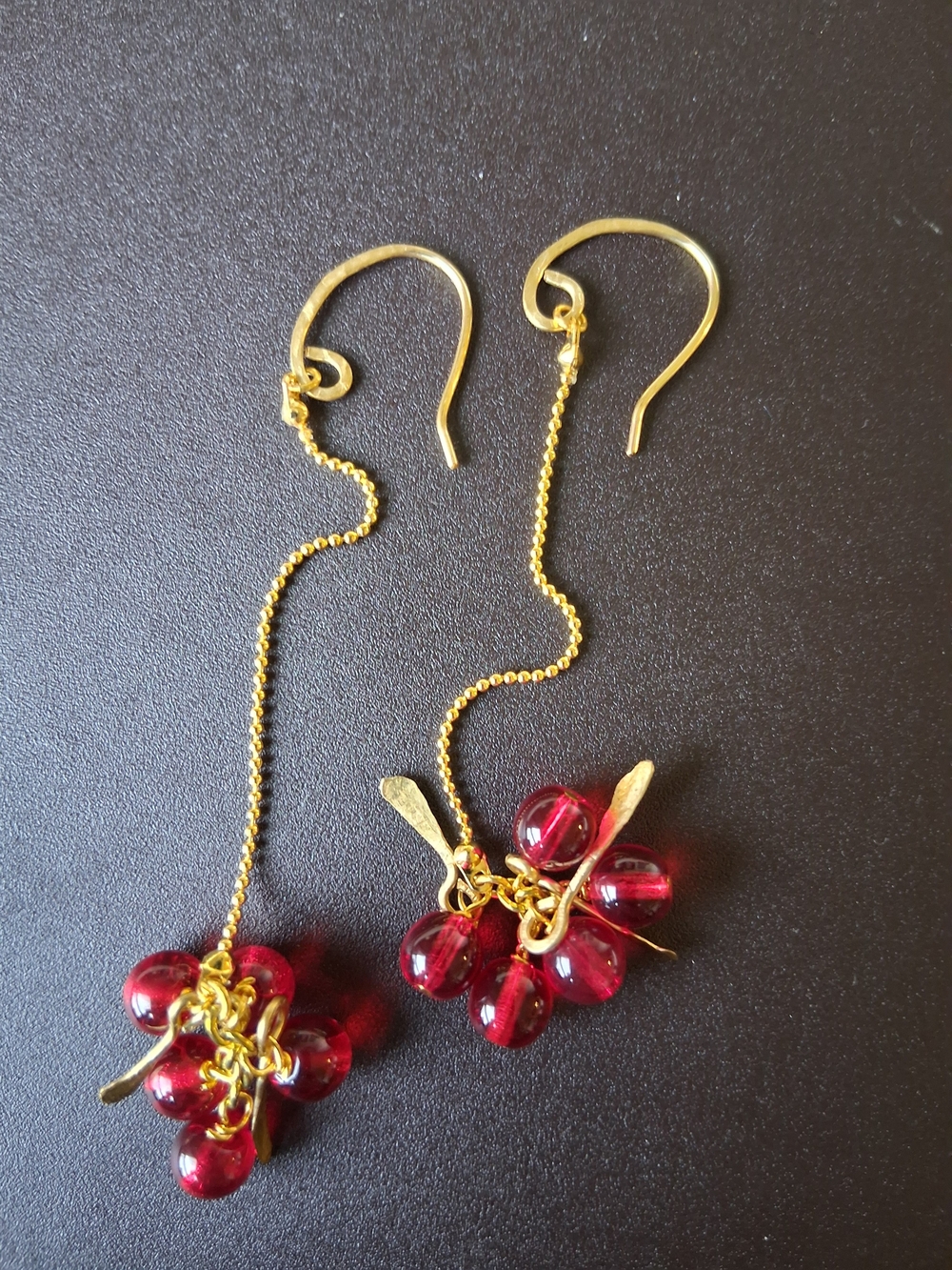 Gold Drop Earrings with Cherry Red Glass Beads